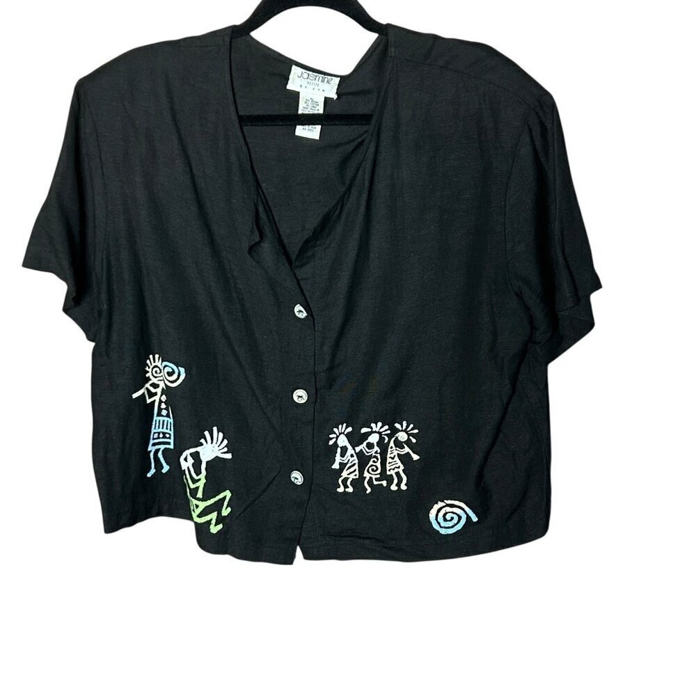 Black Southwestern Design Kokopelli Casual Jasmine Top Petite Large